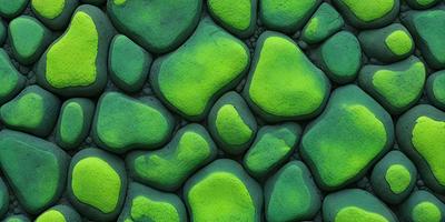 The primary subject of the image is a large, green, rocky wall with a mossy texture. The setting is a rocky environment, and the visual style appears to be a combination of photo and digital art. The dominant colors are green and grey, creating a natural and earthy atmosphere.