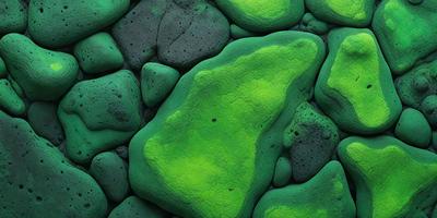 The primary subject of the image is a large, green, mossy rock with a variety of textures and colors. The rock is surrounded by a vibrant green background, which adds to the overall atmosphere of the scene. The visual style of the image is a combination of photo and digital art, creating a unique and captivating representation of the rock. The colors and mood of the image are predominantly green, giving it a lush and natural feel.