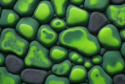 The primary subject of the image is a large, green, rocky wall with a mossy texture. The setting is a natural environment, possibly a cave or a rocky outcropping. The visual style is a combination of photo and digital art, creating a unique and intriguing appearance. The dominant colors are green and black, with the green mossy texture and black rocky surface creating a moody and dramatic atmosphere.