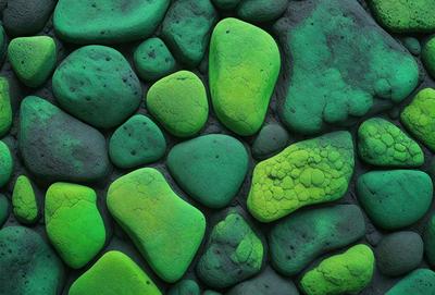 The primary subject of the image is a large green rock, which is the main object in the scene. The rock is surrounded by other green rocks, creating a visually appealing and cohesive arrangement. The setting appears to be a rock wall or a similar environment, with the green rocks as the main focus. The visual style of the image is a close-up of the green rocks, showcasing their unique textures and colors. The overall atmosphere of the image is lush and vibrant, with the green rocks serving as