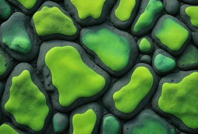 The primary subject of the image is a green mosaic pattern, which is the main object, scene, or focus of the image. The setting or background features a green rock wall, which adds to the overall atmosphere of the image. The visual style of the image is a combination of photo and digital art, creating a unique and eye-catching pattern. The colors and mood of the image are predominantly green, giving it a fresh and lively appearance.