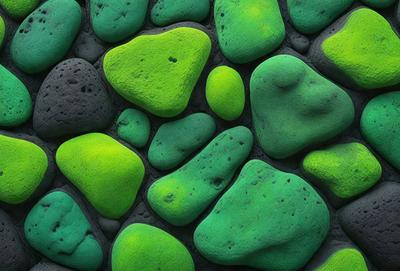 The primary subject of the image is a large green rock, which is the main object in the scene. The rock is surrounded by other green rocks, creating a visually appealing and cohesive pattern. The setting appears to be a rocky surface, possibly a wall or a natural formation. The visual style of the image is a combination of photo and digital art, as it captures the intricate details of the rocks while maintaining a vibrant and artistic appearance. The dominant colors in the image are green, which gives the
