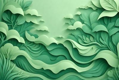 The primary subject of the image is a large, green wave with a leaf design on it. The wave is the main focus of the image, and it is set against a backdrop of a green, leafy background. The visual style of the image is a combination of digital art and illustration, creating a unique and eye-catching design. The dominant colors in the image are green and blue, giving it a calm and serene atmosphere.