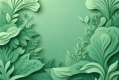 The primary subject of the image is a green background with a variety of green leaves and plants. The setting is a lush, green environment, possibly a forest or a garden. The visual style is a combination of digital art and illustration, creating a vibrant and natural atmosphere. The colors and mood are predominantly green, with a sense of freshness and tranquility.