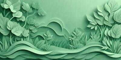 The primary subject of the image is a green paper cutout of a wave. The setting is a green background, which creates a cohesive and visually appealing scene. The visual style is a combination of digital art and illustration, as the paper cutout is skillfully crafted and the background is painted. The colors and mood of the image are predominantly green, which adds a sense of calmness and tranquility to the scene.