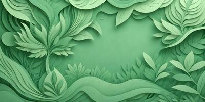 The primary subject of the image is a green frame with a leafy design. The setting is a green background, and the visual style appears to be a combination of digital art and illustration. The colors are predominantly green, creating a calm and natural atmosphere.