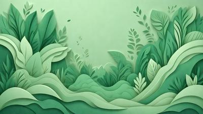 The primary subject of the image is a green, leaf-filled forest. The setting is a lush, green environment with a variety of plants and leaves. The visual style is a combination of a photo and digital art, creating a realistic yet artistic representation of the forest. The colors and mood are predominantly green, conveying a sense of tranquility and natural beauty.