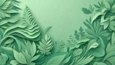 The image features a green background with a variety of green leaves and plants. The primary subject is a large green leaf, which is the main focus of the image. The setting appears to be a lush, green environment, possibly a forest or a garden. The visual style is a combination of a photo and digital art, creating a realistic yet artistic representation of the greenery. The colors and mood of the image are predominantly green, conveying a sense of tranquility and natural beauty.