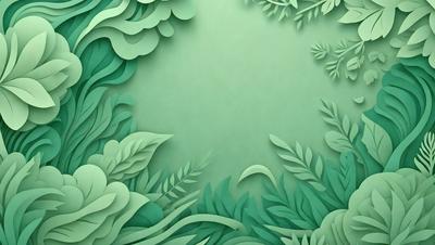 The primary subject of the image is a green background with a variety of green leaves and plants. The setting is a lush, green environment, possibly a forest or a garden. The visual style is a combination of digital art and illustration, creating a vibrant and natural atmosphere. The colors and mood are predominantly green, with a sense of freshness and tranquility.