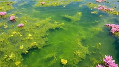 The primary subject of the image is a large body of green water, which appears to be a pond or a lake. The water is filled with various types of plants, including a large amount of algae, which is floating on the surface. The setting is outdoors, with the water being the main focus of the image. The visual style is a close-up of the water, showcasing the algae and other plants in detail. The colors and mood of the image are predominantly green, with a calm and