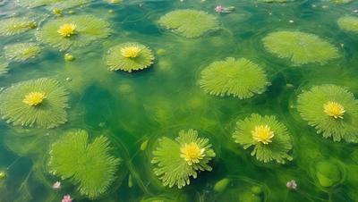 The primary subject of the image is a group of yellow flowers floating on top of a green, murky water surface. The flowers are scattered throughout the scene, with some closer to the foreground and others further away. The setting appears to be a swamp or a pond with a mossy, algae-covered surface. The visual style of the image is a combination of photo and digital art, creating a unique and captivating scene. The colors and mood of the image are predominantly green and murky,