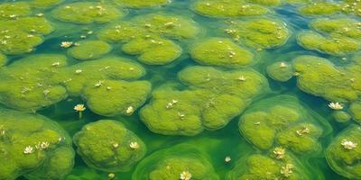 The primary subject of the image is a large, green, lily pad floating on top of a body of water. The setting is a calm, natural environment with the water surface visible in the background. The visual style is a close-up of the lily pad, showcasing its unique texture and details. The colors and mood of the image are predominantly green, with a serene and peaceful atmosphere.