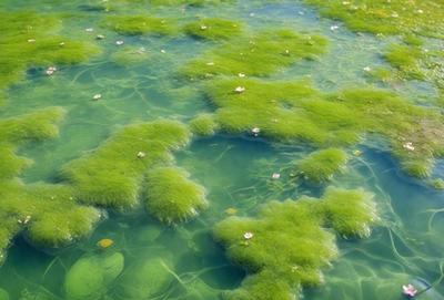 The primary subject of the image is a large, green, mossy plant floating in a body of water. The plant is surrounded by a variety of flowers, creating a vibrant and lively scene. The setting is a body of water, possibly a lake or a pond, with a clear and blue-green color. The visual style of the image is a combination of photo and digital art, creating a realistic yet artistic representation of the plant and flowers. The colors and mood of the image are predominantly green