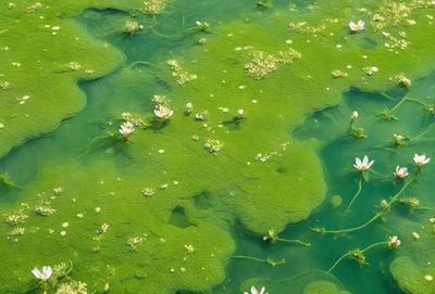 The primary subject of the image is a large body of green water, which is filled with various plants and flowers. The setting is a natural environment, with the water being the main focus. The visual style of the image is a photo, capturing the beauty of the green water and the surrounding plants and flowers. The colors and mood of the image are vibrant and lively, with the green water and the flowers creating a serene and peaceful atmosphere.