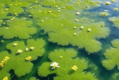 The primary subject of the image is a large, green, leafy plant floating in a body of water. The plant has a vibrant yellow center and is surrounded by a variety of yellow flowers. The setting is a body of water, possibly a lake or a pond, with a calm and serene atmosphere. The visual style of the image is a combination of a photo and a digital art, creating a unique and eye-catching representation of the plant and flowers. The colors and mood of the image are lively and cheer