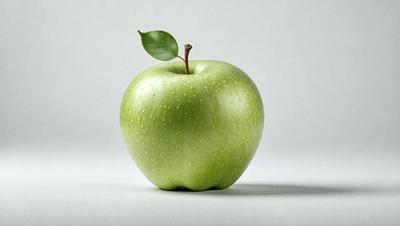 The primary subject of the image is a green apple with a leaf on top. The apple is placed on a white surface, which serves as the background. The visual style of the image is a photo, capturing the apple and the leaf in detail. The colors in the image are predominantly green, with the apple being the main focus, and the leaf adding a touch of greenery to the scene. The overall atmosphere of the image is clean and simple, with the apple and leaf being the main elements of the composition.