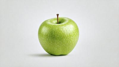 The primary subject of the image is a green apple. The apple is placed on a white background, which creates a clean and minimalist visual style. The apple is the main focus of the image, and its vibrant green color stands out against the white surface.