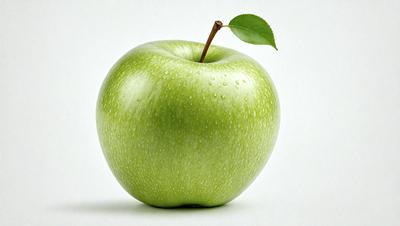 The primary subject of the image is a green apple with a stem. The apple is placed on a white background, which creates a clean and minimalist visual style. The apple appears to be a photo, showcasing its natural texture and color. The overall atmosphere of the image is fresh and vibrant, as the green apple stands out against the white background.