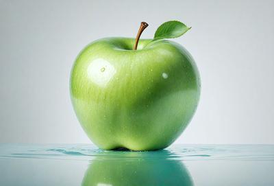 The primary subject of the image is a green apple with a stem. The apple is placed on a table, and the setting is a white background. The visual style is a photo, and the colors and mood are predominantly green, giving the image a fresh and natural appearance.