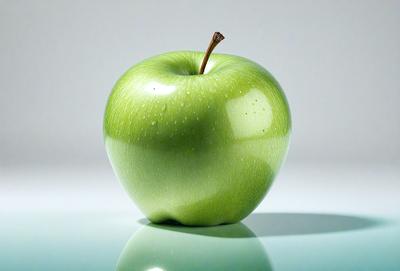 The primary subject of the image is a green apple. The apple is placed on a table, and it appears to be a close-up shot of the fruit. The setting is a simple table, and the visual style is a realistic representation of the apple. The colors and mood of the image are predominantly green, which adds a sense of freshness and naturalness to the scene.