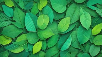 The primary subject of the image is a large group of green leaves, which are the main objects in the scene. The leaves are arranged in a dense pattern, covering the entire image. The setting is a lush green environment, with the leaves being the main focus of the scene. The visual style of the image is a close-up of the leaves, showcasing their intricate details. The colors and mood of the image are predominantly green, creating a serene and natural atmosphere.