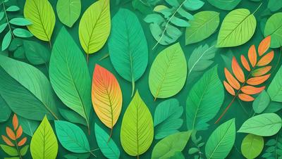 The primary subject of the image is a collection of green leaves and red leaves, which are arranged in a visually appealing manner. The setting is a green background, which provides a natural and vibrant atmosphere. The visual style of the image is a combination of digital art and illustration, creating a unique and eye-catching design. The dominant colors in the image are green and red, which evoke a sense of freshness and warmth.