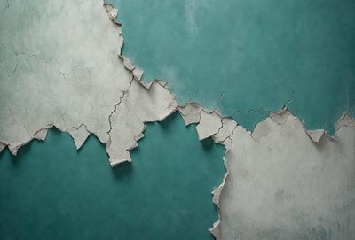 The primary subject of the image is a wall with peeling paint, giving it a worn and aged appearance. The setting is a room with a blue background, which contrasts with the peeling paint. The visual style is a close-up of the wall, showcasing the details of the peeling paint. The colors and mood of the image are predominantly blue, with the peeling paint adding a sense of decay and impermanence to the scene.