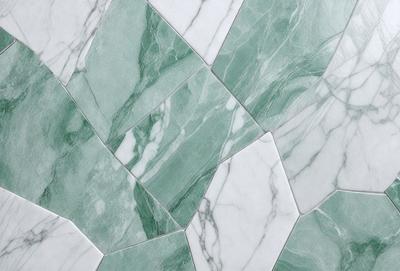 The image features a green marble tile with a white and green pattern. The tile is part of a larger design, possibly a wall or floor. The green marble tile has a unique and visually appealing pattern, making it an interesting focal point in the scene.