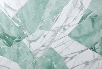 The primary subject of the image is a marble tile with a green and white pattern. The setting is a bathroom, and the visual style is a close-up of the tile. The dominant colors are green and white, creating a clean and elegant atmosphere.