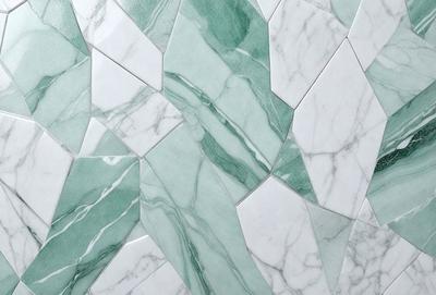 The primary subject of the image is a marble wall with a green and white pattern. The setting is a bathroom, and the visual style is a photo. The dominant colors are green and white, creating a clean and elegant atmosphere.