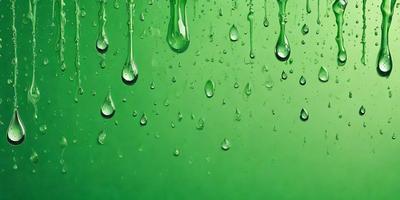 The primary subject of the image is a green background with water droplets falling on it. The setting is a close-up of the green background, which appears to be a pattern or texture. The visual style is a digital art or illustration, as the droplets are depicted in a detailed and artistic manner. The colors and mood of the image are predominantly green, with the droplets adding a touch of white and refreshing atmosphere.