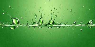 The primary subject of the image is a close-up of water droplets falling from a height onto a green surface. The setting is a green background, which adds to the overall atmosphere of the scene. The visual style is a combination of a photo and digital art, creating a realistic yet artistic representation of the water droplets. The colors are predominantly green, with the water droplets appearing as bright green spots on the green surface.