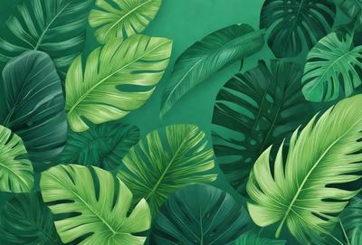 The image features a lush green background with a variety of green leaves. The leaves are arranged in a pattern, creating a visually appealing scene. The primary subject of the image is the leaves, which are the main focus of the image. The setting is a green background, which adds to the overall atmosphere of the scene. The visual style of the image is a combination of photo and digital art, creating a realistic yet artistic representation of the leaves. The colors and mood of the image are predominantly green, giving it