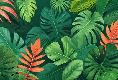 The image features a lush green forest with a variety of green and orange leaves. The primary subject is a large green leaf, which is prominently displayed in the foreground. The setting is a dense forest with many trees and leaves surrounding the main subject. The visual style is a painting, which creates a vibrant and natural atmosphere. The dominant colors are green and orange, with the green leaves being the most prominent feature in the scene.