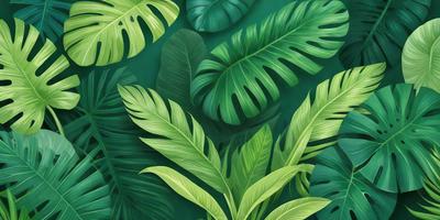 The image features a lush green forest with a variety of green leaves and plants. The primary subject is a close-up of a leafy plant, which is the main focus of the image. The setting is a green background, which complements the vibrant greenery of the plants. The visual style is a painting, giving the image a more artistic and detailed appearance. The colors and mood are predominantly green, creating a serene and natural atmosphere.