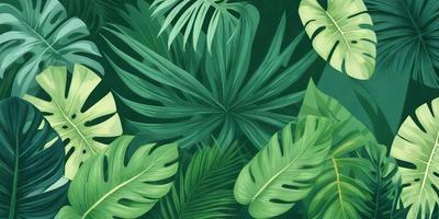 The image features a lush green forest with a variety of green leaves and palm fronds. The primary subject is a close-up of a large green leaf, which is the focal point of the image. The setting is a forest environment, with the background consisting of more green leaves and palm fronds. The visual style is a combination of a photo and a digital artwork, creating a vibrant and natural atmosphere. The colors and mood are predominantly green, reflecting the lush and serene nature of