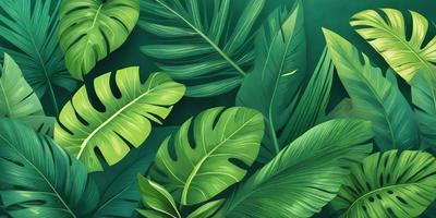 The image features a lush green forest with a variety of green leaves. The leaves are large and spread across the scene, creating a dense and vibrant atmosphere. The primary subject of the image is the abundance of green leaves, which are the main focus of the scene. The setting is a forest, and the visual style is a combination of photo and digital art. The colors and mood of the image are predominantly green, with a sense of freshness and vitality.