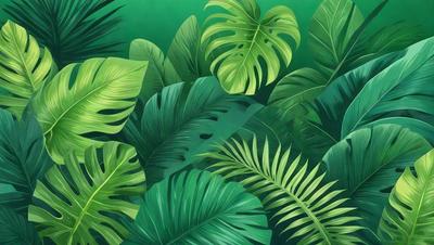 The image features a lush green forest with a variety of green leaves and palm fronds. The primary subject is a close-up of a large green leaf, which is the focal point of the image. The setting is a dense forest with many trees and plants, creating a serene and natural atmosphere. The visual style is a combination of a photo and a painting, giving the image a vibrant and detailed appearance. The colors and mood are predominantly green, reflecting the lushness of the forest and the