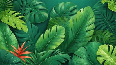 The image features a large green leaf with a few smaller leaves surrounding it. The primary subject is the leaf, which is the main focus of the image. The setting is a green background, which provides a natural and vibrant atmosphere. The visual style is a painting, which adds a sense of artistic expression and creativity to the scene. The colors and mood are predominantly green, which is associated with nature and tranquility.