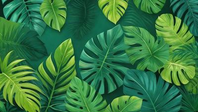 The image features a lush green background with a variety of green leaves. The leaves are arranged in a pattern, creating a visually appealing scene. The primary subject of the image is the leaves, which are the main focus of the image. The setting is a green background, which adds to the overall atmosphere of the scene. The visual style of the image is a combination of photo and digital art, creating a realistic yet artistic representation of the leaves. The colors and mood of the image are predominantly green, giving it