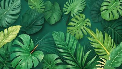 The image features a lush green background with a variety of green leaves, including palm leaves, scattered throughout the scene. The leaves are arranged in a way that creates a sense of depth and dimension. The overall atmosphere is vibrant and fresh, with the greenery serving as a natural backdrop for the scene.