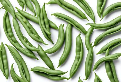 The primary subject of the image is a large group of green beans, which are the main objects in the scene. The beans are arranged in a pattern, covering the entire image. The setting is a white background, which provides a clean and uncluttered look to the image. The visual style is a close-up of the green beans, showcasing their texture and details. The colors and mood of the image are predominantly green, giving it a fresh and vibrant appearance.