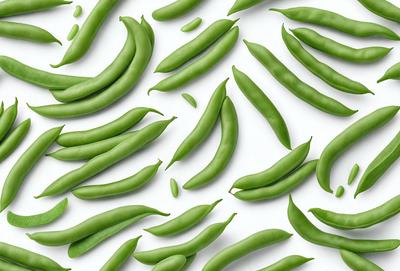 The primary subject of the image is a large number of green beans, which are arranged in a pattern on a white background. The beans are displayed in various orientations, creating a visually appealing and colorful scene. The visual style of the image is a combination of photo and digital art, as it captures the natural beauty of the beans while also showcasing their arrangement in a creative manner. The colors and mood of the image are predominantly green, which adds to the fresh and vibrant atmosphere