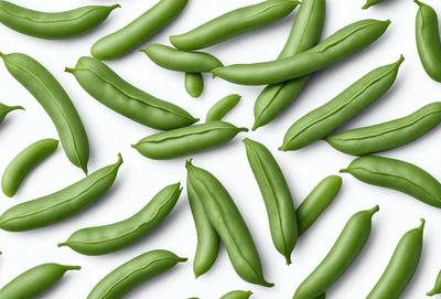The primary subject of the image is a large number of green beans, which are arranged in a pattern on a white background. The beans are displayed in various orientations, creating a visually appealing and colorful scene. The visual style of the image is a combination of photo and digital art, as it captures the natural beauty of the beans while also showcasing their arrangement in a creative manner. The colors and mood of the image are predominantly green, which adds to the fresh and vibrant atmosphere