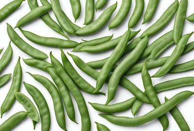 The primary subject of the image is a large group of green beans, which are the main objects in the scene. The beans are arranged in a pattern, covering the entire image. The setting is a white background, which provides a clean and uncluttered appearance. The visual style is a close-up of the green beans, showcasing their texture and details. The colors and mood of the image are predominantly green, giving it a fresh and natural feel.