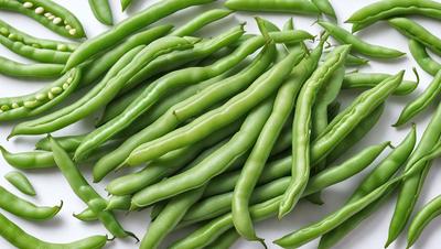 The primary subject of the image is a large pile of green beans, which are the main objects in the scene. The beans are displayed on a white surface, which serves as the background. The visual style of the image is a close-up of the green beans, showcasing their vibrant color and texture. The overall atmosphere of the image is fresh and healthy, as the green beans are a nutritious and delicious food choice.