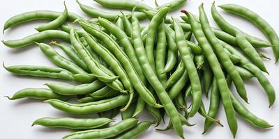 The primary subject of the image is a large pile of green beans, which are the main objects in the scene. The beans are displayed on a white surface, which serves as the background. The visual style of the image is a close-up of the green beans, showcasing their vibrant color and texture. The overall atmosphere of the image is fresh and healthy, as the green beans are a nutritious and delicious food choice.