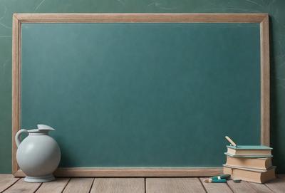 The primary subject of the image is a white vase placed on a wooden table. The setting is a room with a green chalkboard on the wall, and a wooden frame surrounding the chalkboard. The visual style is a photo, and the colors and mood are predominantly green and calm.