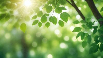 The primary subject of the image is a leafy green tree with sunlight shining through its branches. The setting is a lush green forest, and the visual style is a natural, outdoor scene. The colors and mood are bright, vibrant, and serene, with the sunlight creating a warm and inviting atmosphere.