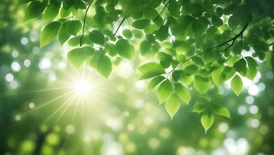 The primary subject of the image is a leafy green tree with bright green leaves. The tree is surrounded by a lush green forest, creating a serene and natural atmosphere. The visual style of the image is a photo, capturing the beauty of the tree and its surroundings. The colors and mood of the image are predominantly green, with the bright sunlight shining through the leaves, creating a warm and inviting scene.